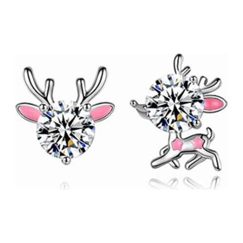 Cute Moissanite Christmas Deer Pink Drip Glaze Zircon 925 Sterling Silver Stud Earrings For Girls Women Piercing Jewelry SE102