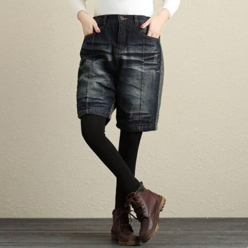 New literary washed basic women jeans patchwork denim washed shorts plus size loose elastic waist personality tide vintage pants