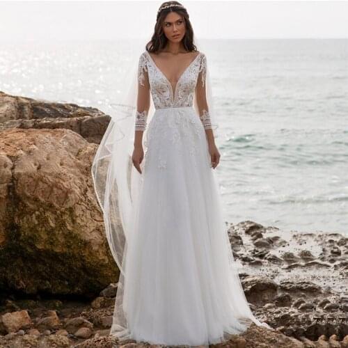 Hot Sale Summer Boho Long Sleeve Bridal Wedding Dresses Lace Plunge V Neckline Wedding Gowns for Bride Backless Sweep Train 2021