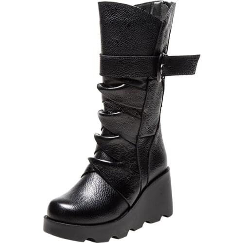 European American Buckle Platform Winter Thick Warm Wedges Boots Spring Autumn Women Chunky Sole Half Shaft Motorcycle Boots