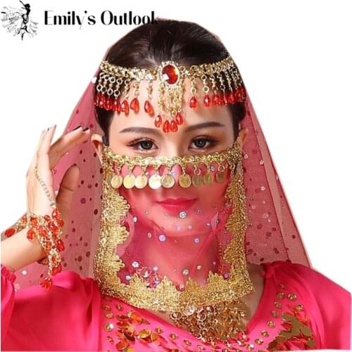 2pcs/pack Womens Belly Dance Tribal Face Veil Egyptian Mask Halloween Accessories Beautiful Sequin Tribal Dance Costume