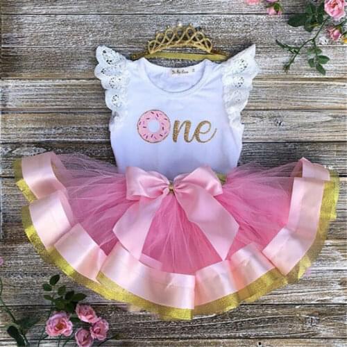 Toddle Girl 1st First Birthday Outfit Romper Tutu Skirt Cake Smash Set Sweet Lace Sleeve Knotbow Voile Dresses