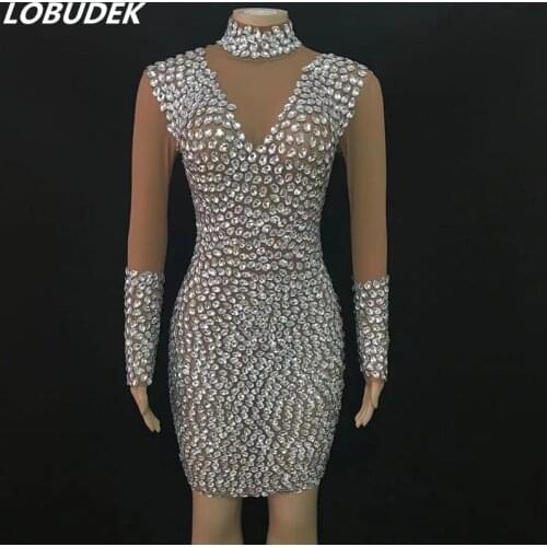 Luxury Crystals Stones Nude Mesh Transparent Dress Women Party Prom Birthday Celebration Rhinestones Dresses Singer Host Costume