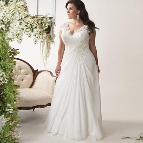 Modest Plus Size Sweep Train Chiffon Wedding Dress Sexy V-neck Cap Sleeve Wedding Gowns Vestido de Novia with Pleats