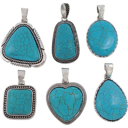 2 x Antique Silver Color Faux Turquoise Charms Pendants for Necklace Jewellery Making Accessories