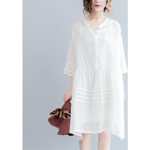 #0105 2020 Summer White Linen Dress Women V-neck See Through Dress Plus Size Loose A-Line Lantern Sleeve Dress Ladies Oversized