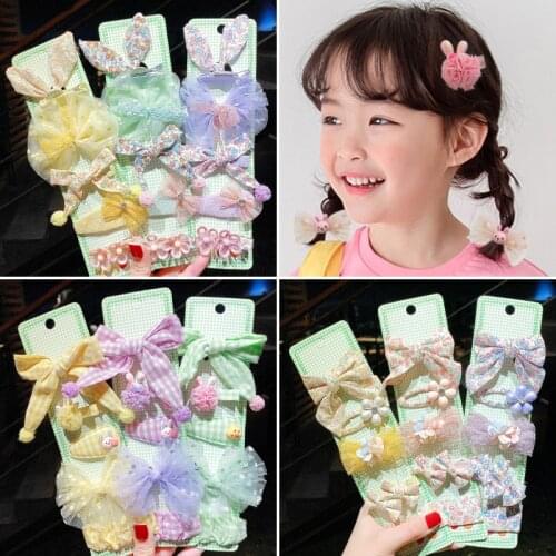 5 Pcs/Set Children Cute Cartoon Lace Bow Scrunchies Rubber Bands Baby Girls Sweet Hair Bands Hairpins Kids Hair Accessories