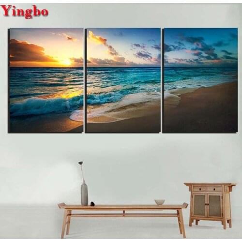 5D DIY Diamond Painting 3 Pieces Sea Ocean Sunrise View Rhinestones Embroidery Diamond mosaic Cross Stitch for living room decor