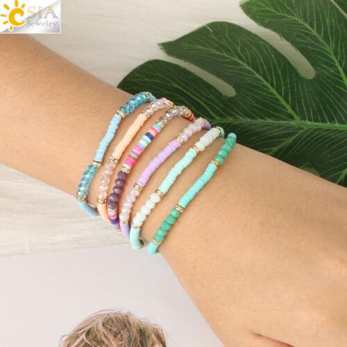 CSJA Simple Faceted Crystal Beaded Bracelets Colorful Polymer Clay Elastic Bracelet Handmade Jewellery for Women Girl Gift S567