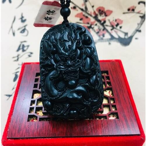 Zheru pure natural black Jadeite carved black dragon pendant with black bead chain sweater chain Send A certificate