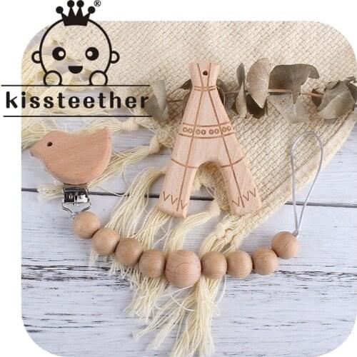 Kissteether Beech Wooden Eiffel Tower Teethers Eco-friendly Teething Necklace And Pacifier Holder No BPA Baby Shower Teeth Gift