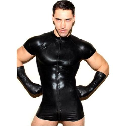 Faux Leather Mesh Jumpsuits Wet look latex Catsuit Black Stretch PVC Bodysuits Sexy Clubwear Men Open Crotch Lingerie Body Suit