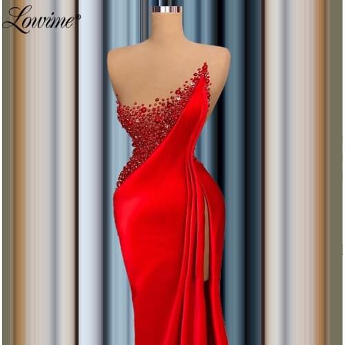 Lowime Couture Beaded Crystals Red Mermaid Evening Dress High Split Long Prom Dresses Plus Size Arabic Custom Made Party Dress