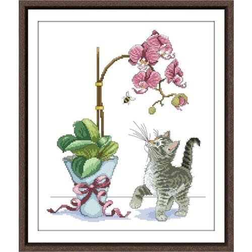 Orchid kitten cross stitch kit cat flower 18ct 14ct 11ct unprint canvas cotton thread counted needlework thread embroidery