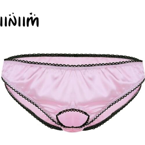 Mens Lingerie Open Front Gay Penis Ring Soft Satin Low Rise Sissy Bikini Briefs Underwear Underpant Wetlook Sexy Panties for Men