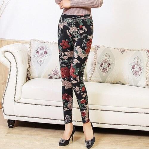 Autumn Winter Womens High Elasticity Plus Velvet Leggings Female Plus Size Fleece Trousers Flower Print Velvet Pencil Pants