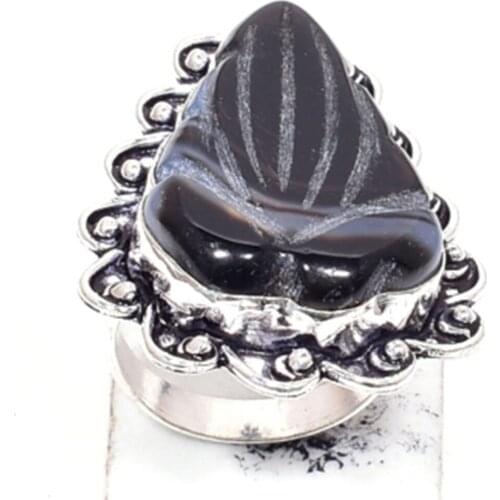 Genuine Carved-Botswana Agate Ring Silver Overlay over Copper , Hand Made Women Jewelry gift , Size: 8