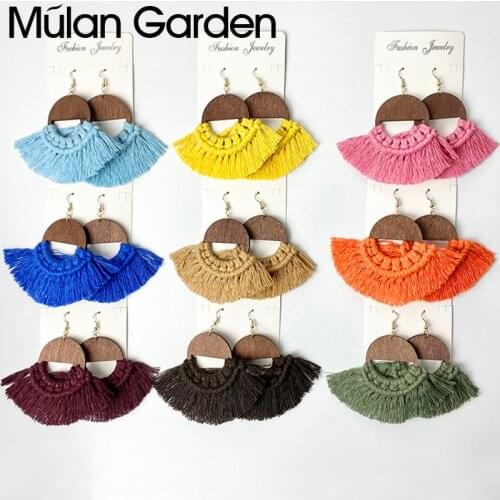 M&G Bohemian Handmade Tassel Earrings for Women Ethnic Semicircle Wood Cotton Fringed Macrame Earring Bridesmaid Wedding Jewelry