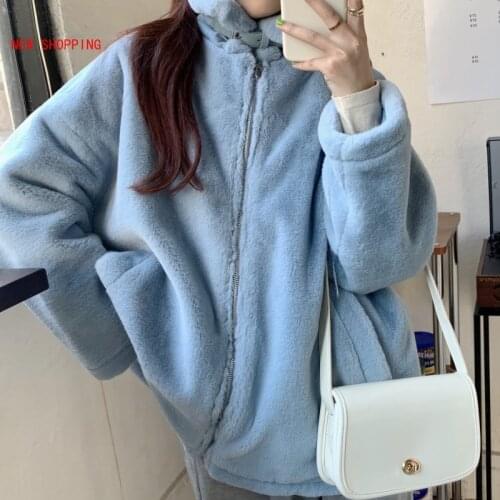 Blue Fluffy Jacket Faux Fur Coat Winter Jacket Women Faux Mink Fur Jacket Warm Thick 2021 New Fashion Loose Plush Ladies Coats