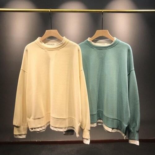 Oversized Crew Neck Sweatshirt Women Coat Spring Fake Two-piece Harajuku Sweatshirts Casual Solid Color Stitching Thin Pullovers