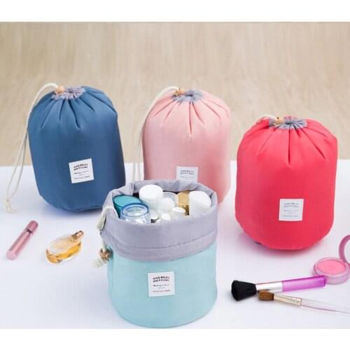 Waterproof Barrel Shaped Cosmetic Storage Bags Large Capacity Multicolor Travel Drawstring Cylinder Toiletry Bag with Small Bag