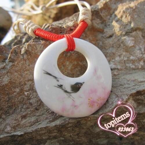 Vivid Bird enjoy flower Painting Ethnic style Handmade Round Ceramic Pendant Adjustable Knitted Rope Necklace For women
