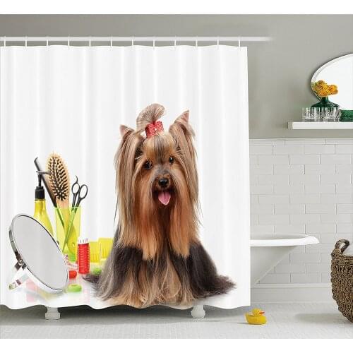 Yorkie Shower Curtain Yorkshire Terrier with Stylish Hairdressing Equipment Mirror Scissors Waterproof Polyester Bath Curtains