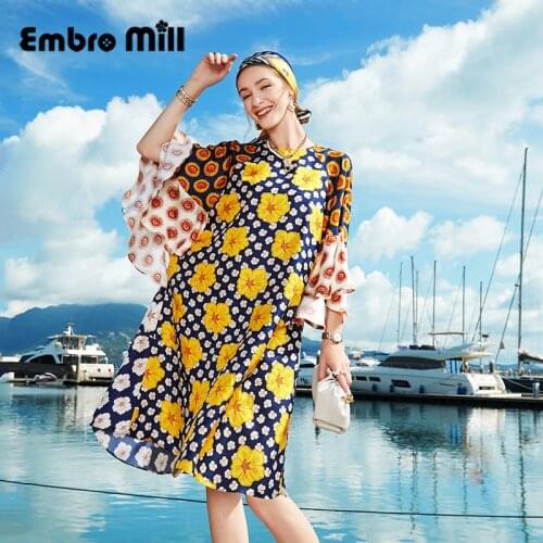 Women Summer New Street Style O-Neck Flared Sleeves Loose Mid-Length Mulberry Silk Print Comfortable Holiday A-Line Dress S-XL