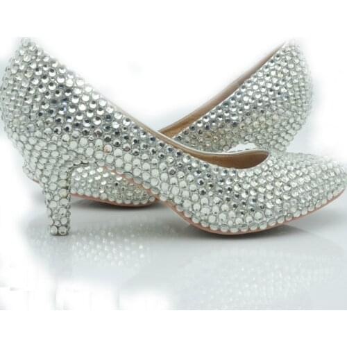 2020 Middle Heel Bridesmaid Shoes Silver Color Wedding Shoes Glitter Women Comfortable Party Prom Shoes Plus Size 43 in Stock