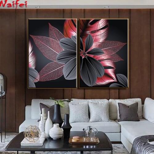 Diamond Painting Luxurious Floral Leaf Red And Black Picture Full Square Diamond Embroidery Plant Mosaic Beaded Wall decoration