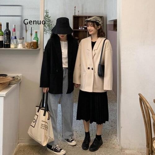 Blazers Womens Spring Autumn Solid Woolen Notched Outwear Windbreaker Loose Retro Feminine Big Pockets High Quality Chic