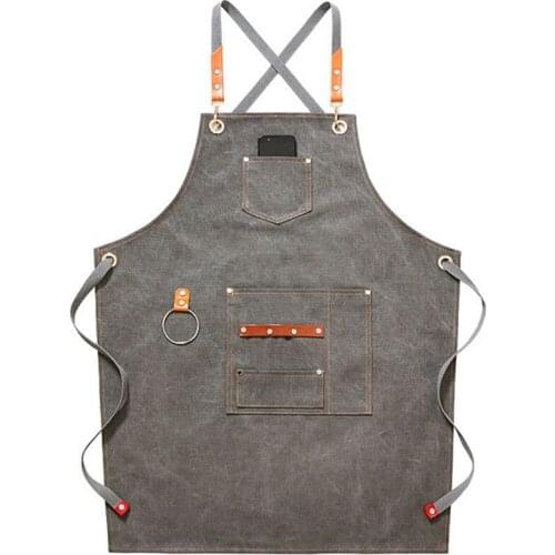 Canvas Bib Leather Chef Kitchen Apron Womens Mens Barista Bartender Pocket Household Apron