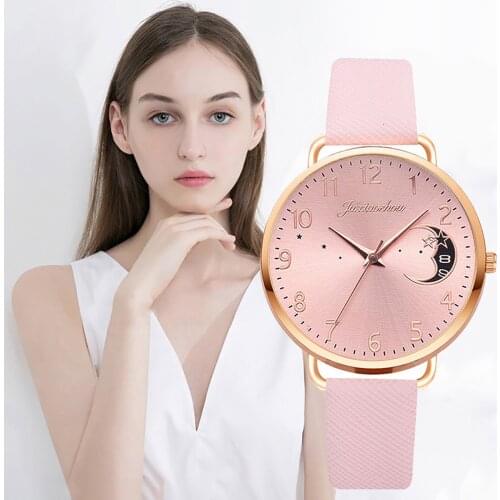 Womens Watches Moon Printed Glass Watch Precision Scale Dial Quartz Wristwatch Rose Gold Leather Casual Wrist Watch Reloj Mujer