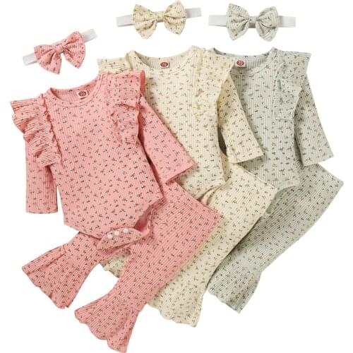 FOCUSNORM Newborn Baby Girls Clothes Sets 3pcs Flowers Printed Ruffles Long Sleeve Romper Tops Flare Pants 0-24M