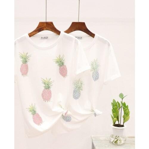 Cotton T-shirt Women Pink White Black T-shirt Diamond Set Pineapple Print Short-Sleeved T-shirt Women Loose T-shirts Ladys Tops