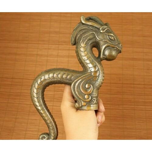 Chinese Old Bronze Hand Carved Dragon Statue Figure Walking Stick Head