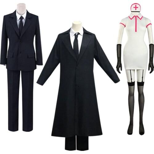 Anime Chainsaw Man Makima Cosplay Costume Unisex Black Trench Shirt Tie Pants Sets Halloween Uniforms Wig Role Play C112M138