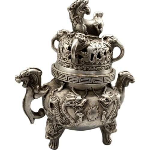 Chinese Old Tibet Silver Carving Incense Burner