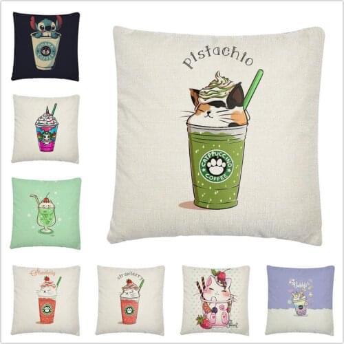 Icy summer cat milk tea milk cover pattern Linen Cushion Cover Pillow Case for Home Sofa Car Decor Pillowcase 45X45cm