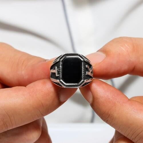 Personalized Black Agate Gemstone Dimming Is Silver Men 'S Ring