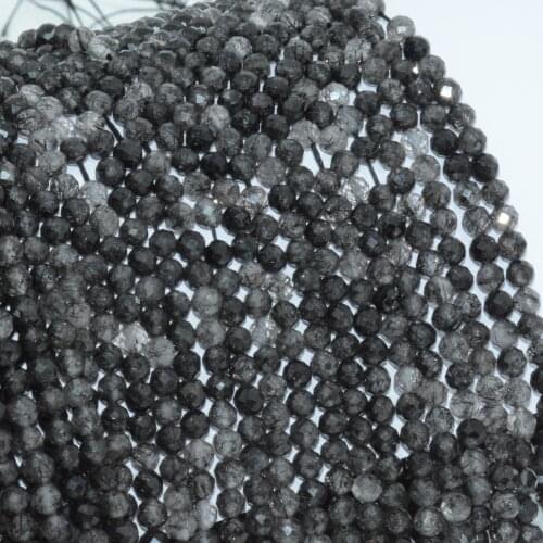 Natural Good Quality Black Tourmaline Quartz / Black Rutilated Quartz Faceted Round Beads 3.2mm