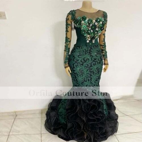 Formal African Green Mermiad Evening Dresses Lace Applique Scoop Long Sleeves Aso Ebi Prom Dress for Women Party Gowns