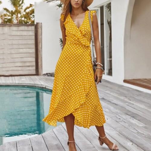 Sexy Dress Women Summer Casual Wave Point V Neck Sleeveless Beach Holiday Elegant Asymmetrical Long Dress Ladies