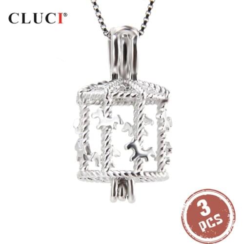 CLUCI 3pcs 925 Sterling Silver Carousel Cage Box Pendants for Women Necklace Jewelry Silver 925 Pendant Pearl Locket SC176SB