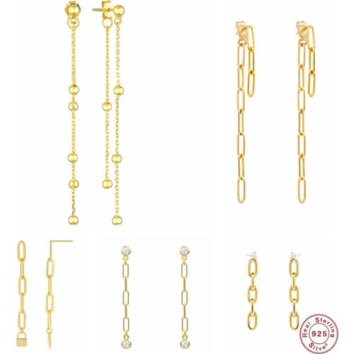 S925 Sterling Silver Long Tassel Earring Paperclip Stud Earrings For Wedding Birthday Gift CZ Pendientes Brincos Fine Jewerly