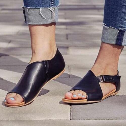 Summer Sandals Women Plus Size Flats Female Casual Peep Toe Shoes PU Slip On Solid Footwear Ankle Buckle Gladiator Roma Shoes