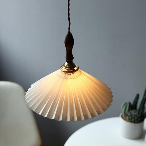 Vintage LED Indoor Lighting Nordic Pleated Pendant Lights Walnut Bedroom Bedside Bar Restaurant House Rope Brass Chandelier