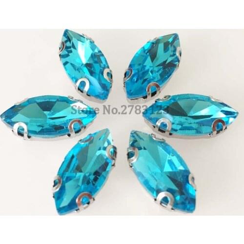 Factory sales horse eye shape lake blue high quality Glass Crystal sew on rhinestones with four holes Silver claw