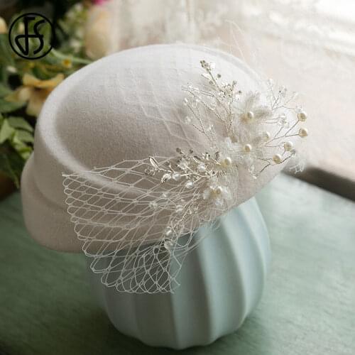 FS White Hat Fascinators 100% Wool Felt Pillbox Hat With Veil Women Flower Beret Cap Bridal Wedding Party Cocktail Fedora