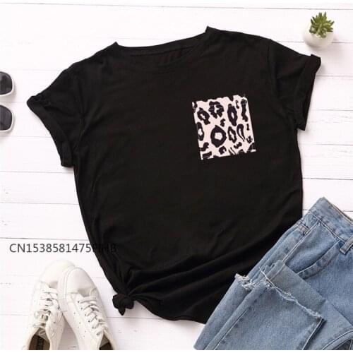 Summer TShirt Leopard Pocket Print XS-4XL Soft Premium T-Shirt Women Crew Neck Short Sleeve Tees Female T Shirt Pink Tops